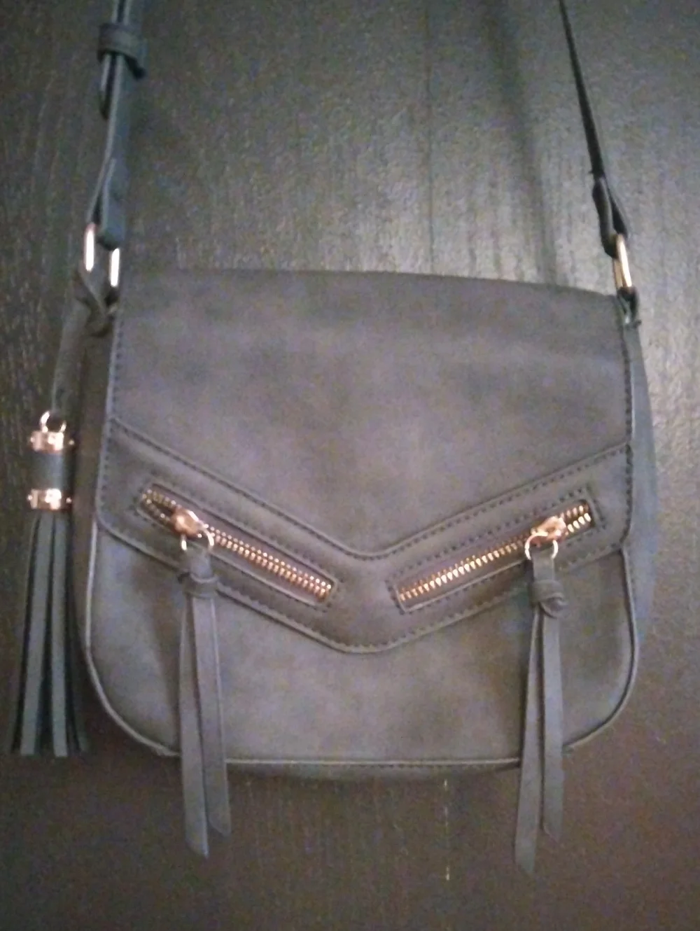 Chic Slate Gray Crossbody Bag with Gold Zipper Accents